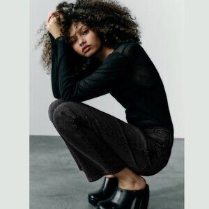 NWT Zara Relaxed Straight Fit Leg BLACK Rhinestone Diamante Jeans